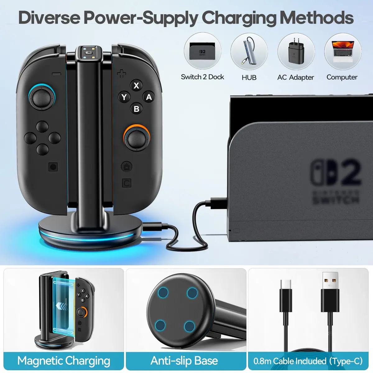Rysker Switch 2 Joycon Charger with 9 RGBs, Magnetic & Bi-Directional Design, 4-in-1 Dock Station Stand for Nintendo Switch 2 Joy-Cons (Black) - view 6