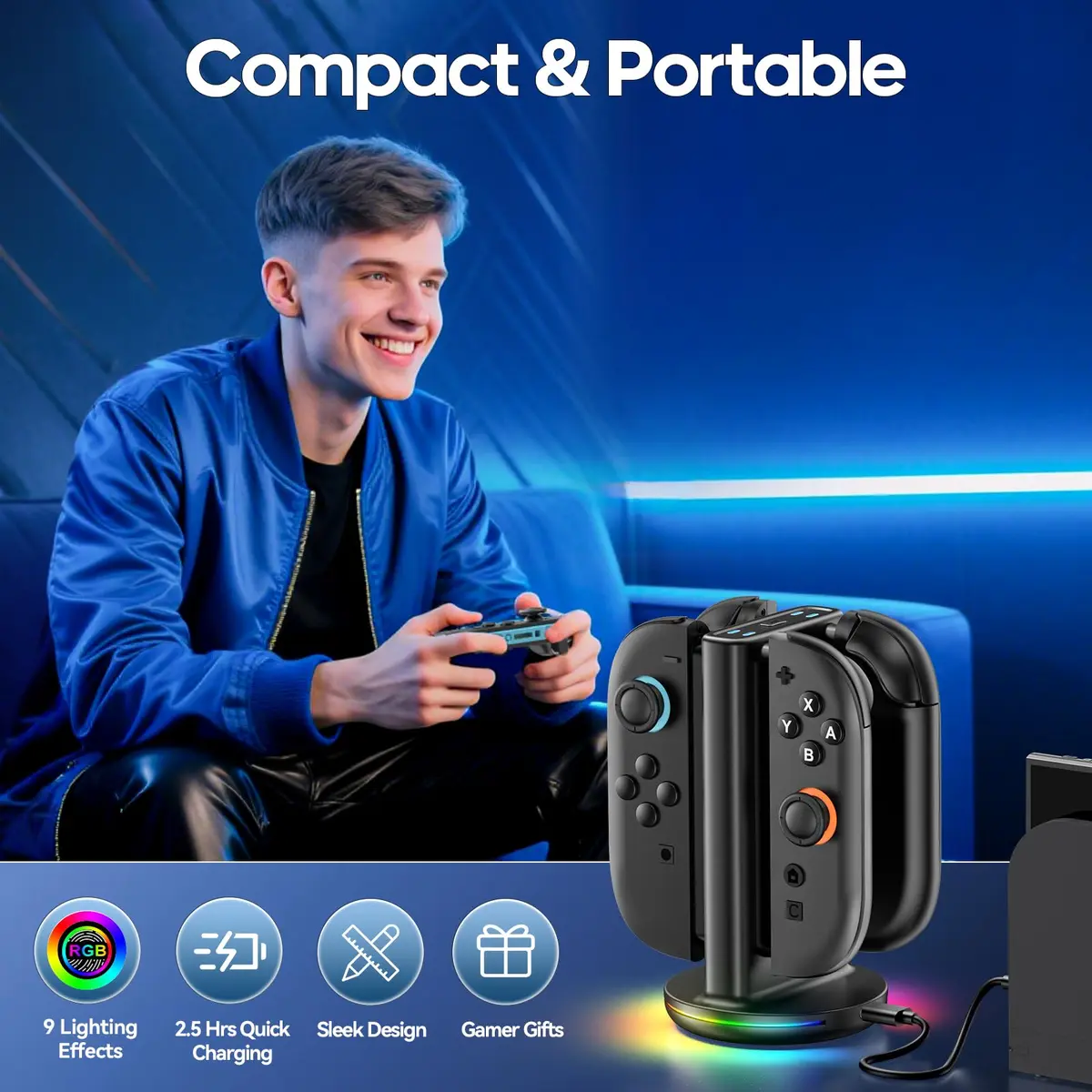 Rysker Switch 2 Joycon Charger with 9 RGBs, Magnetic & Bi-Directional Design, 4-in-1 Dock Station Stand for Nintendo Switch 2 Joy-Cons (Black) - view 7