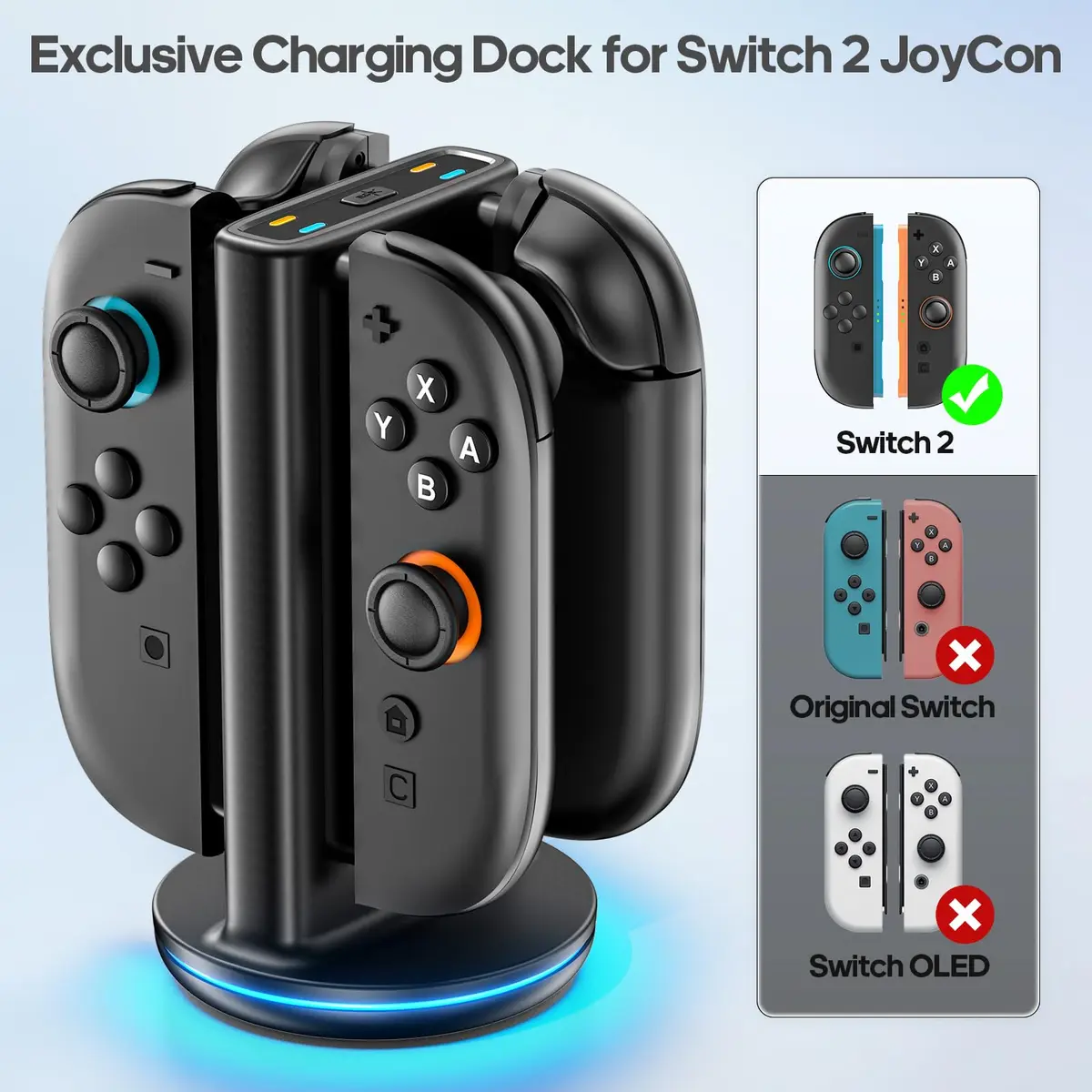 Rysker Switch 2 Joycon Charger with 9 RGBs, Magnetic & Bi-Directional Design, 4-in-1 Dock Station Stand for Nintendo Switch 2 Joy-Cons (Black) - view 3