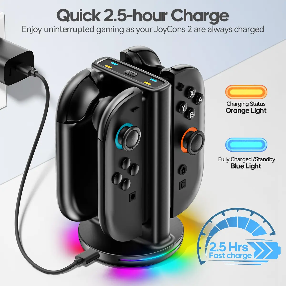 Rysker Switch 2 Joycon Charger with 9 RGBs, Magnetic & Bi-Directional Design, 4-in-1 Dock Station Stand for Nintendo Switch 2 Joy-Cons (Black) - view 4