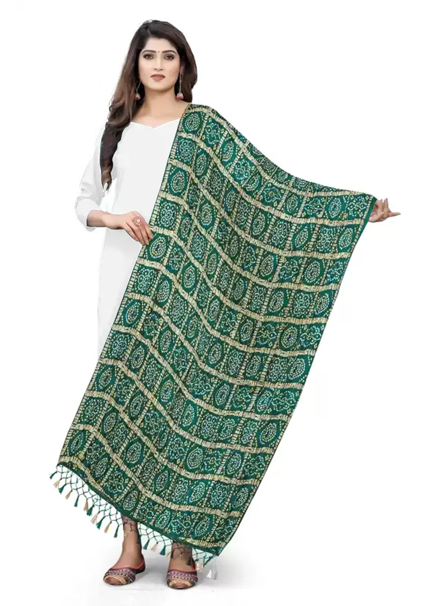 TRENDMALLS Bandhej Chinon Silk Dupatta for Women, 220cm x 120cm | DarkGreen Geometric Print with Tassels - main product image