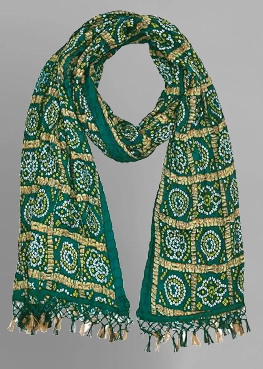 TRENDMALLS Bandhej Chinon Silk Dupatta for Women, 220cm x 120cm | DarkGreen Geometric Print with Tassels - view 5