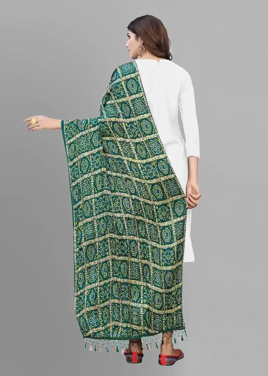 TRENDMALLS Bandhej Chinon Silk Dupatta for Women, 220cm x 120cm | DarkGreen Geometric Print with Tassels - view 2