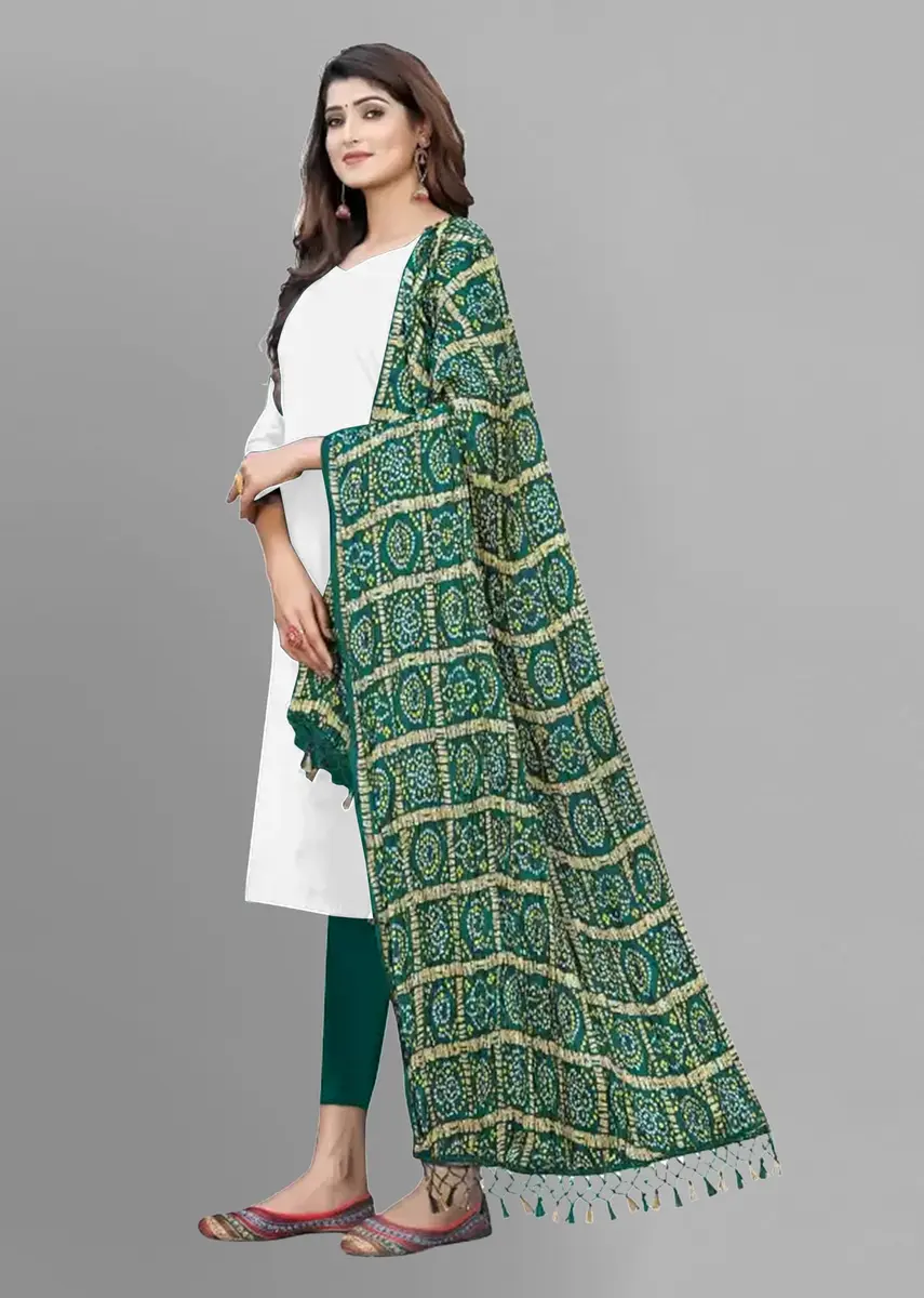 TRENDMALLS Bandhej Chinon Silk Dupatta for Women, 220cm x 120cm | DarkGreen Geometric Print with Tassels - view 3