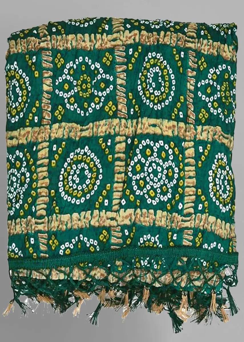 TRENDMALLS Bandhej Chinon Silk Dupatta for Women, 220cm x 120cm | DarkGreen Geometric Print with Tassels - view 4