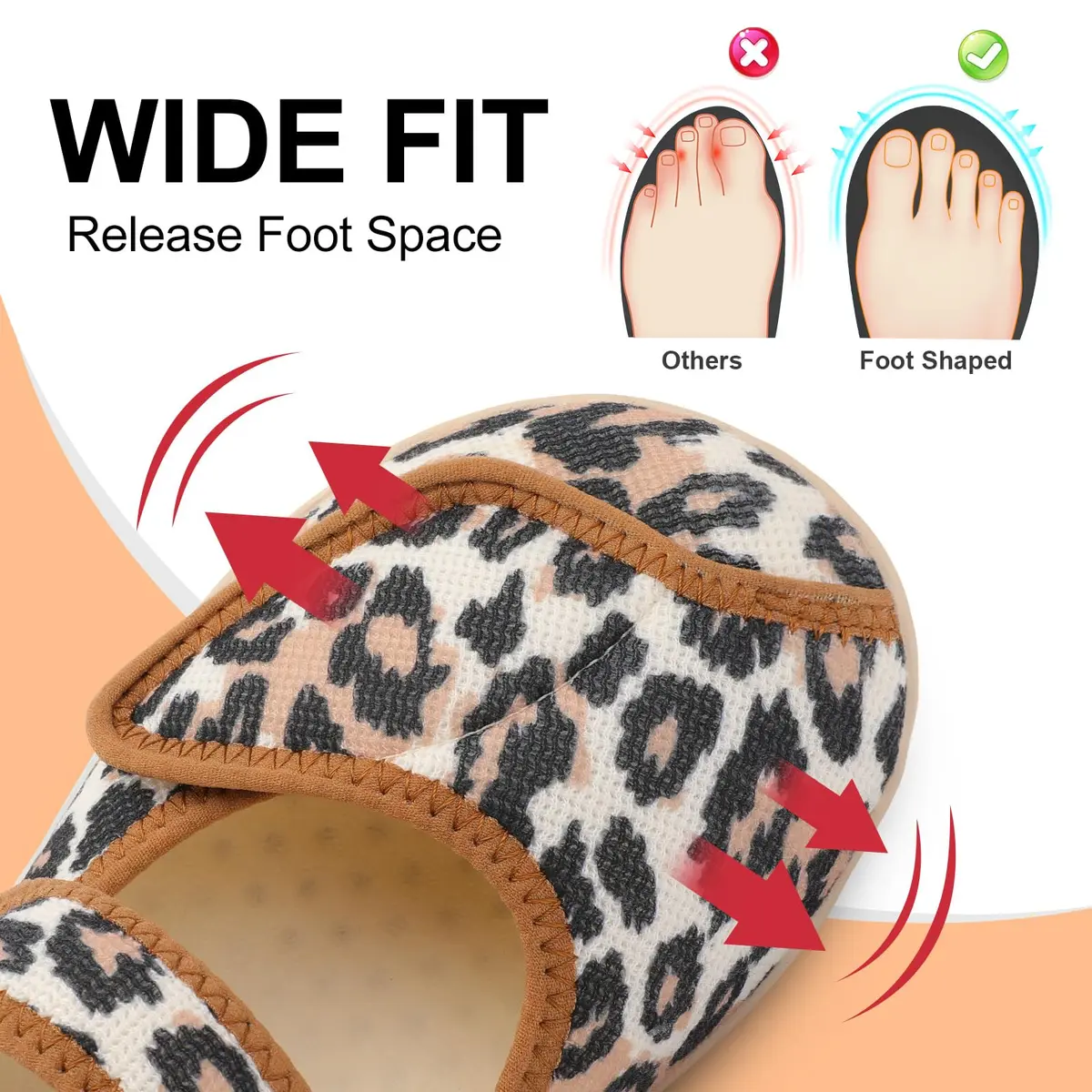 JOINFREE Women's Wide Diabetic Slippers with Adjustable Strap & Leopard Print | Size 7 Wide (26.7cm / 10.5in) - view 2