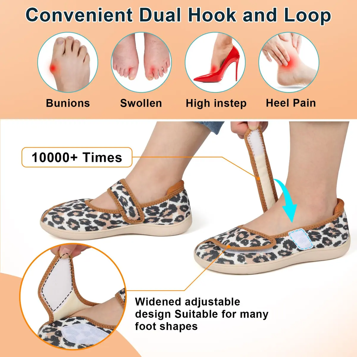 JOINFREE Women's Wide Diabetic Slippers with Adjustable Strap & Leopard Print | Size 7 Wide (26.7cm / 10.5in) - view 3
