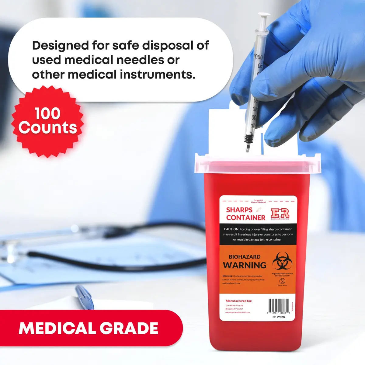 Ever Ready First Aid Sharps Container 1 Quart (100-Count Pack) | Secure Needle, Syringe, Lancet Disposal - view 6