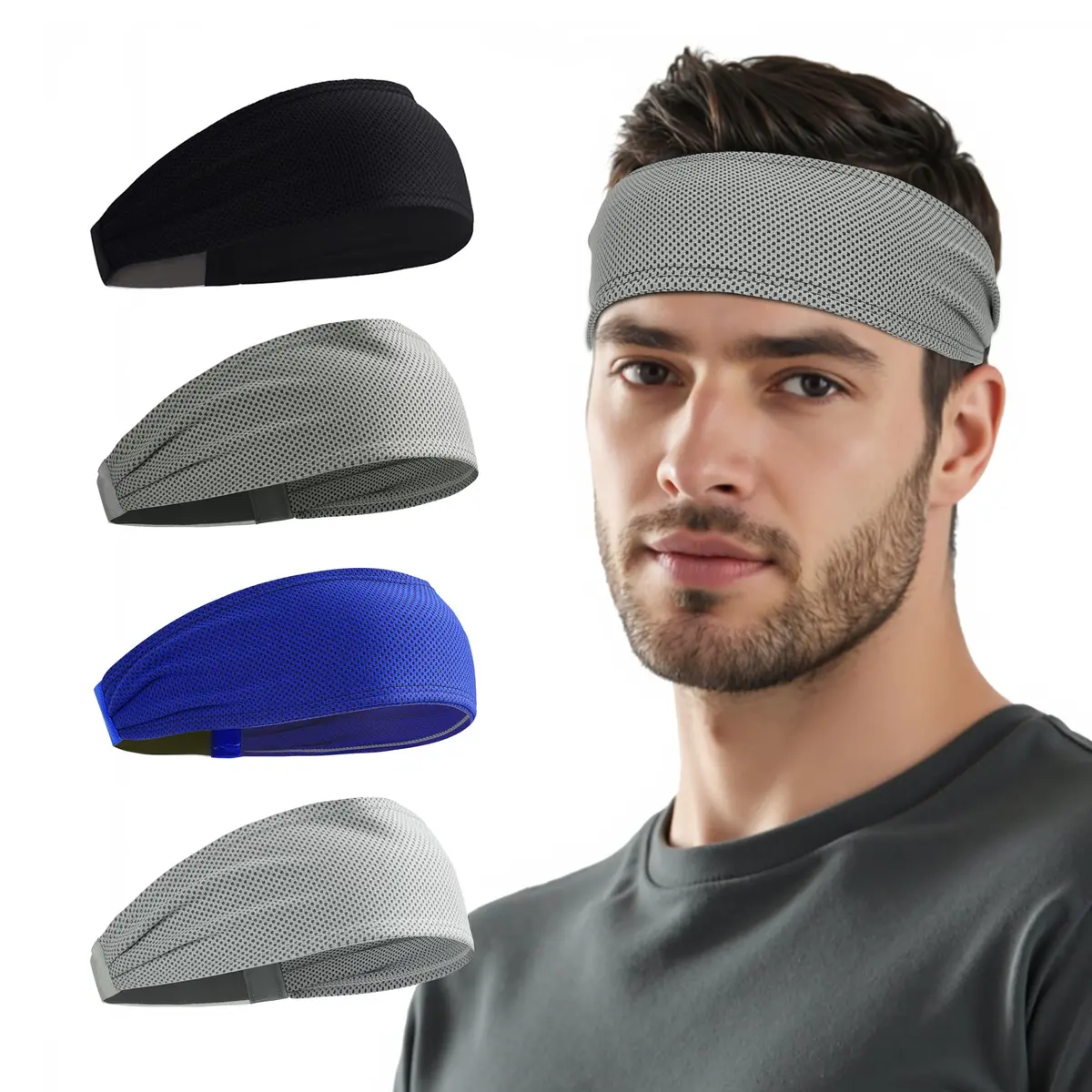 Sukeen Cooling Headbands for Men 4 Pack, Non-Slip Elastic Sweatbands for Running & Gym, 21.26"-23.62" Head Circumference - main product image