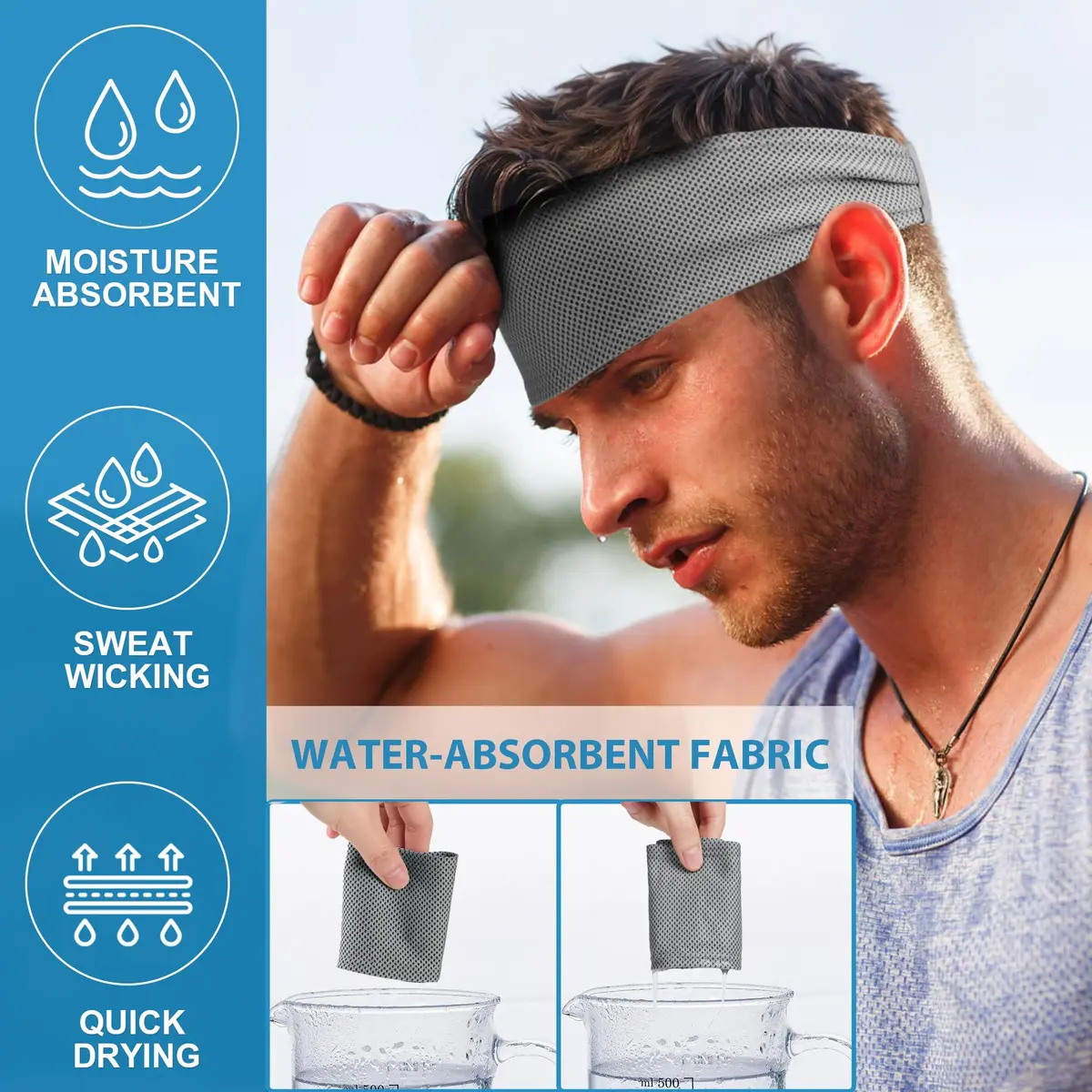 Sukeen Cooling Headbands for Men 4 Pack, Non-Slip Elastic Sweatbands for Running & Gym, 21.26"-23.62" Head Circumference - view 3
