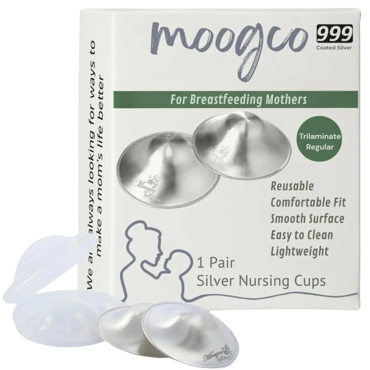 MOOGCO Original Silver Nursing Cups - Nipple Shields for Breastfeeding Newborn | 999k Tri-Laminate Silver - main product image
