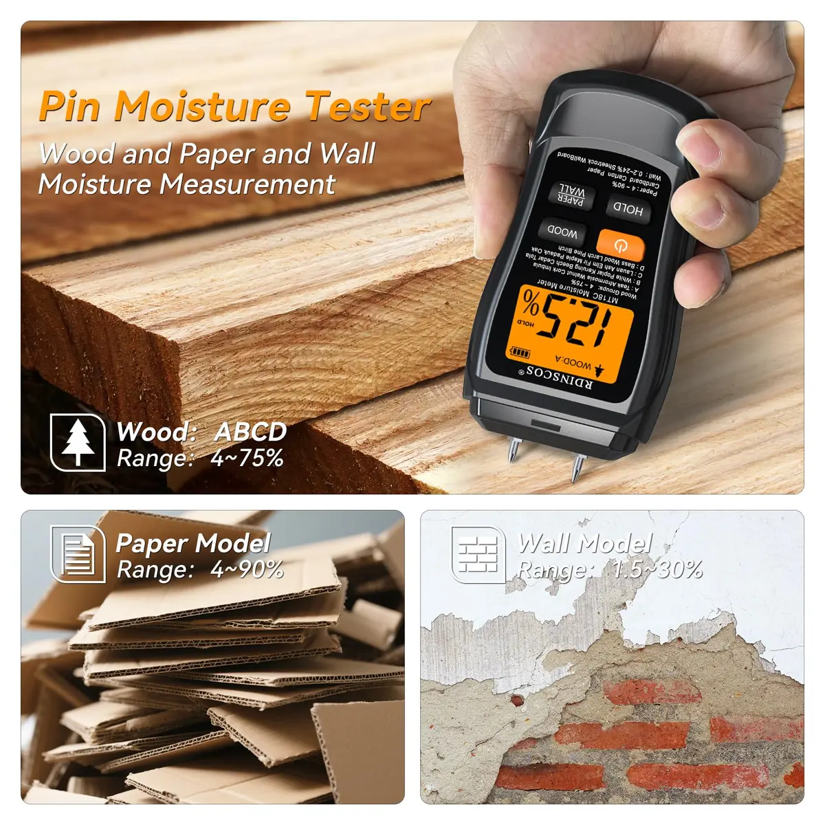 RDINSCOS Digital Moisture Meter for Wood, Drywall & Building Materials | Pin-Type Moisture Detector with 4 Modes & LCD Display - view 8