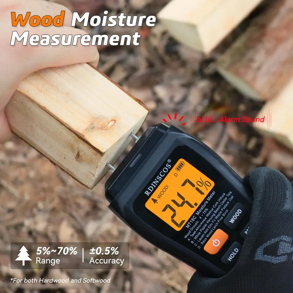 RDINSCOS Digital Moisture Meter for Wood, Drywall & Building Materials | Pin-Type Moisture Detector with 4 Modes & LCD Display - view 2