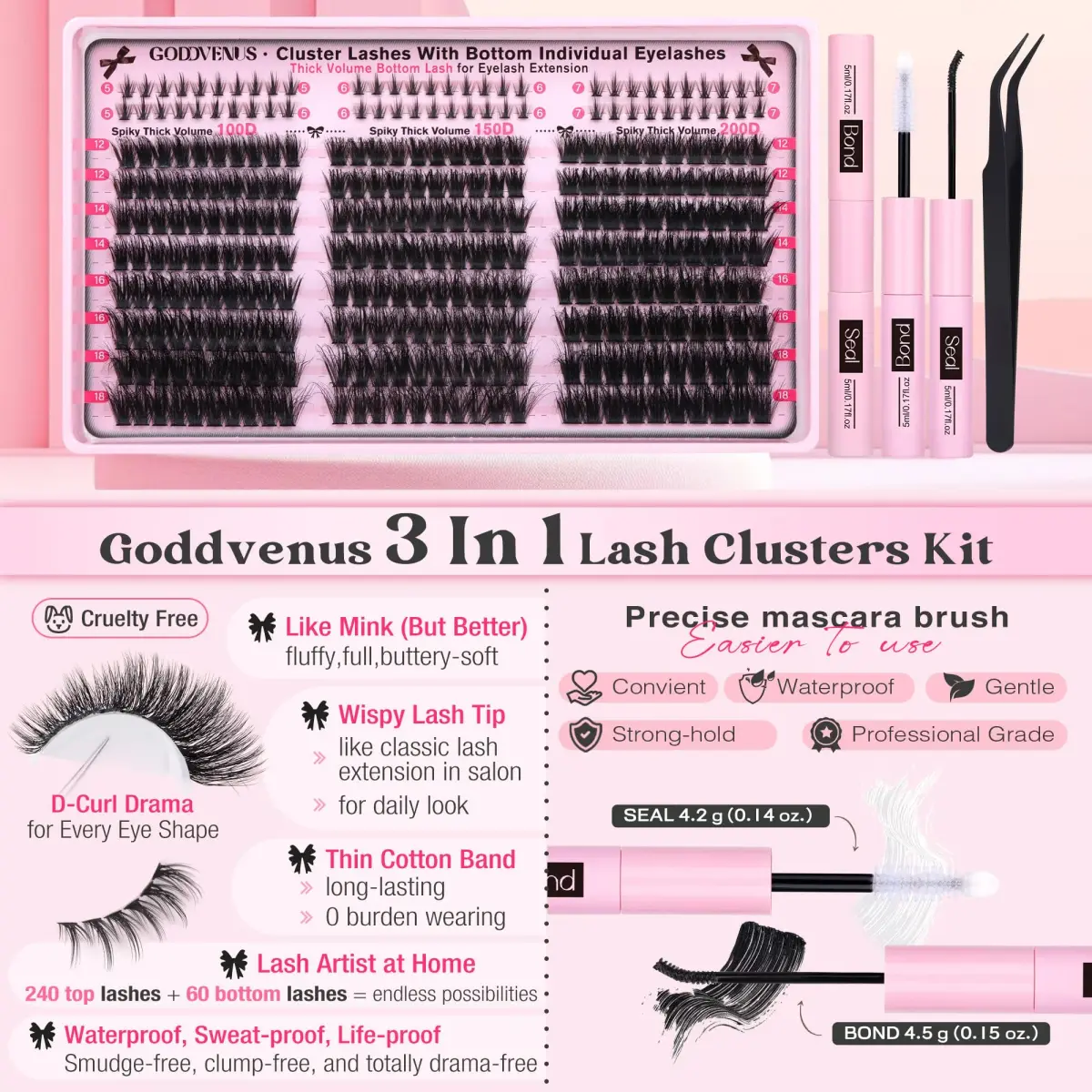 Goddvenus Fluffy Lash Clusters Kit D Curl Volume Cluster Eyelash Extensions 240pcs Upper + 60pcs Bottom Lashes - view 7