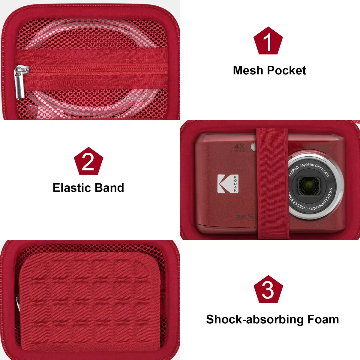 Canboc Carrying Case for Kodak PIXPRO FZ55/ FZ45 16MP Digital Camera, Red | Compact, Durable PU Shell with Mesh Pocket - view 6