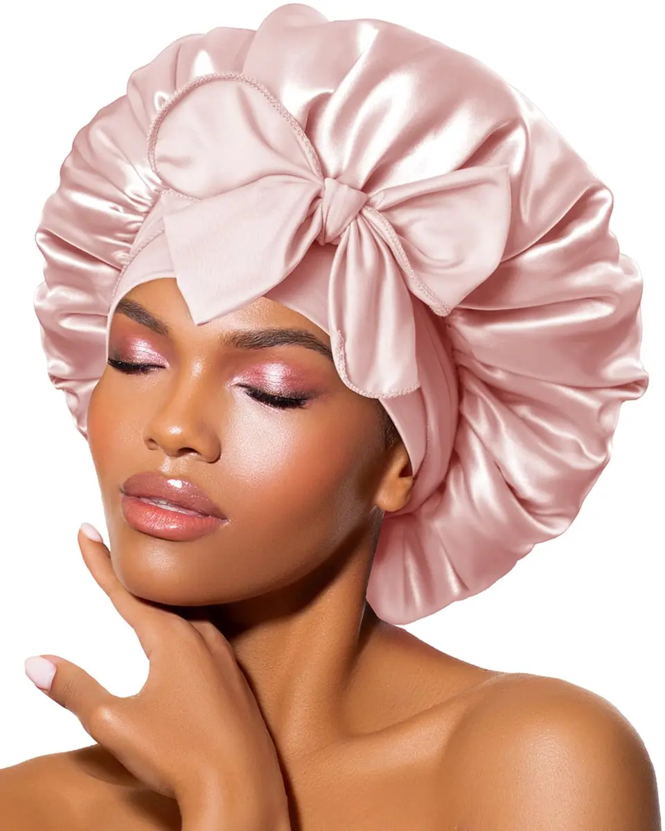 BONNET QUEEN Silk Bonnet for Sleeping for Women Satin Bonnet Night Cap for Curly Hair with Tie Band, Cream Pink | Moisture & Frizz Control - main product image