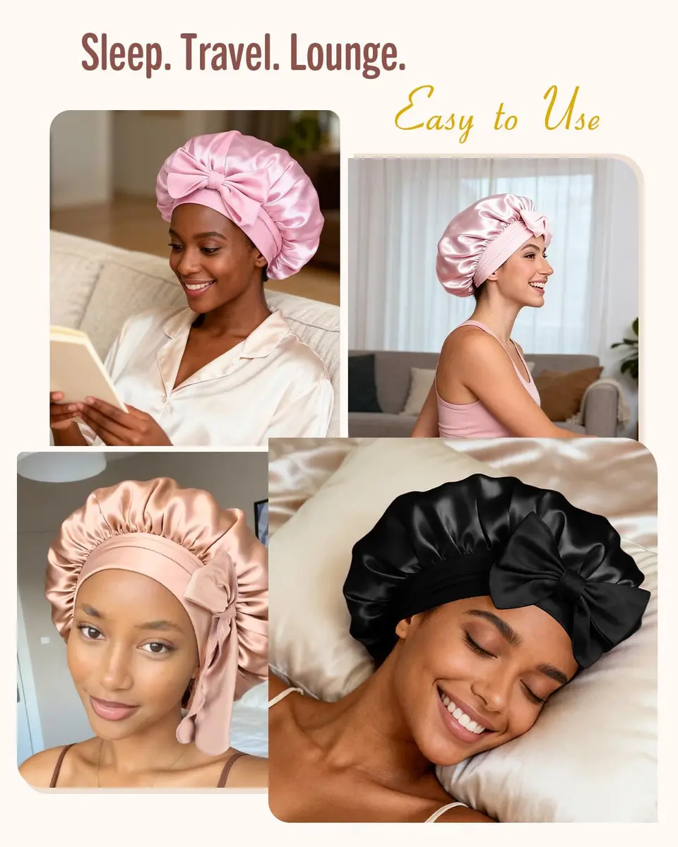 BONNET QUEEN Silk Bonnet for Sleeping for Women Satin Bonnet Night Cap for Curly Hair with Tie Band, Cream Pink | Moisture & Frizz Control - view 5