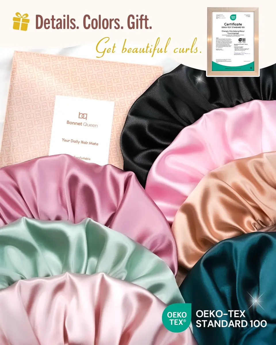 BONNET QUEEN Silk Bonnet for Sleeping for Women Satin Bonnet Night Cap for Curly Hair with Tie Band, Cream Pink | Moisture & Frizz Control - view 6
