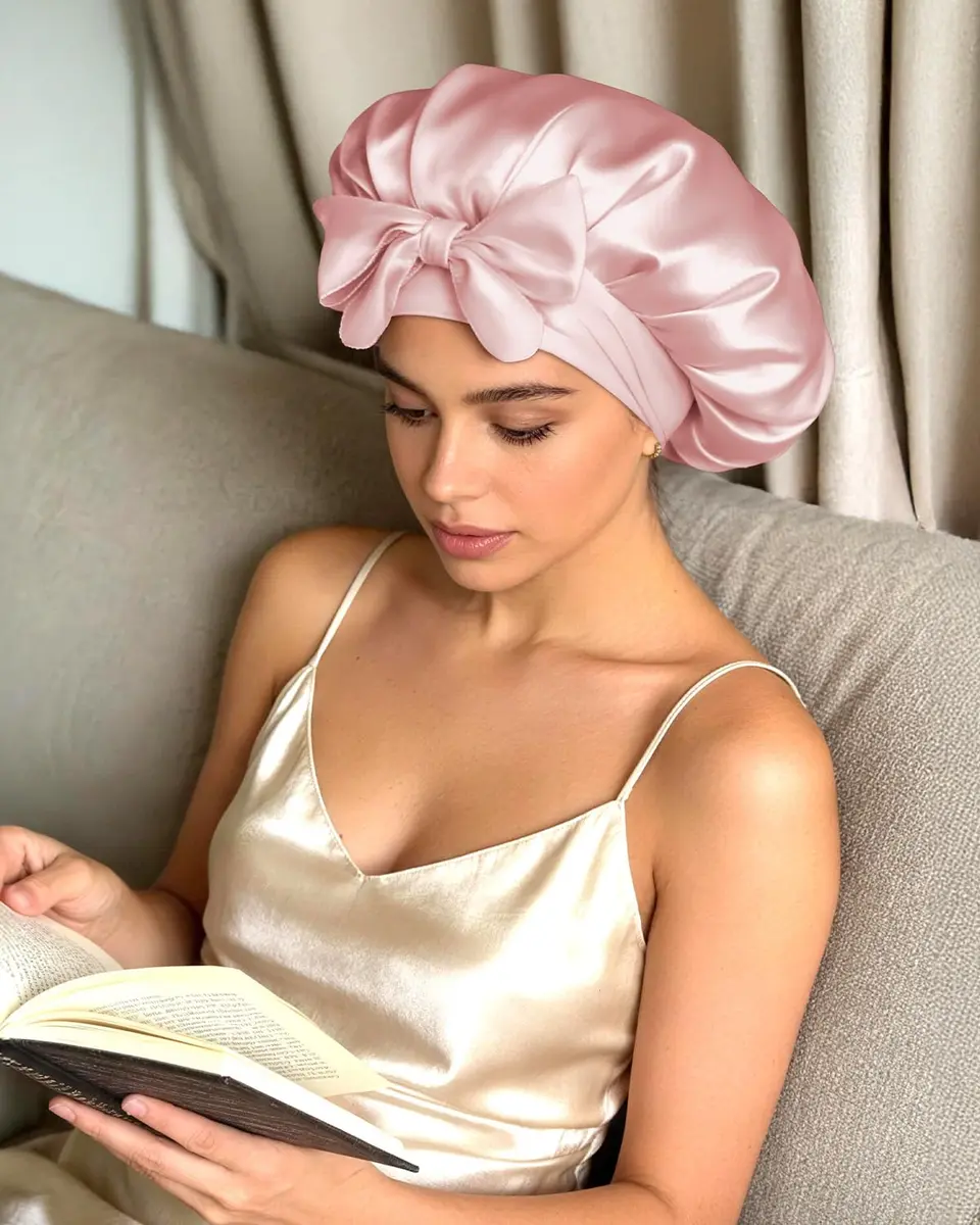 BONNET QUEEN Silk Bonnet for Sleeping for Women Satin Bonnet Night Cap for Curly Hair with Tie Band, Cream Pink | Moisture & Frizz Control - view 7