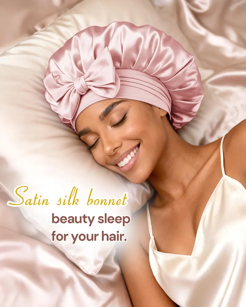 BONNET QUEEN Silk Bonnet for Sleeping for Women Satin Bonnet Night Cap for Curly Hair with Tie Band, Cream Pink | Moisture & Frizz Control - view 2