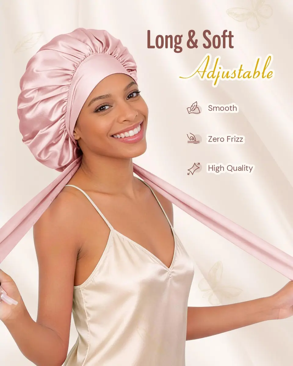BONNET QUEEN Silk Bonnet for Sleeping for Women Satin Bonnet Night Cap for Curly Hair with Tie Band, Cream Pink | Moisture & Frizz Control - view 3