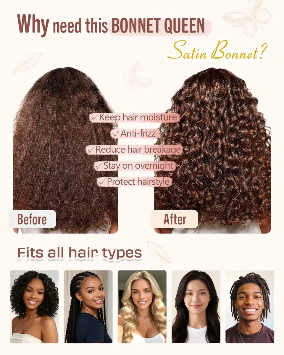 BONNET QUEEN Silk Bonnet for Sleeping for Women Satin Bonnet Night Cap for Curly Hair with Tie Band, Cream Pink | Moisture & Frizz Control - view 4