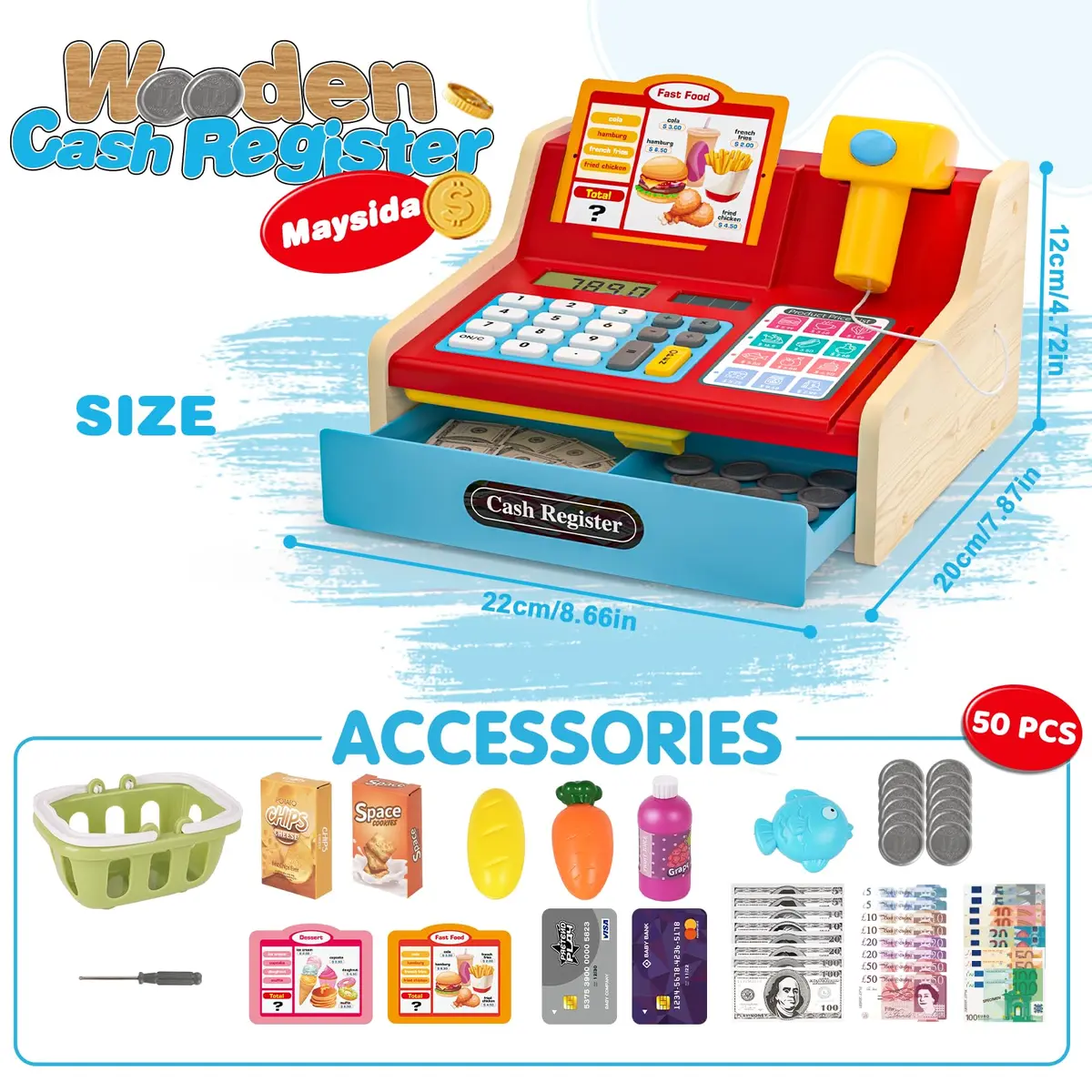 Maysida Wooden Toy Cash Register for Kids | Pretend Play Role-Playing Gift (8.7 x 8 x 4.7 inches) - view 5