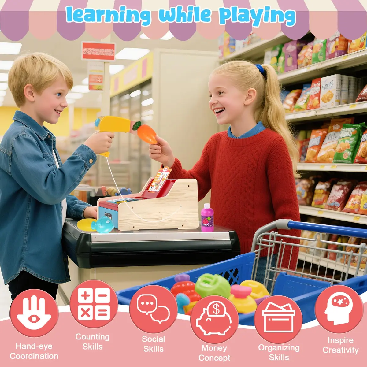 Maysida Wooden Toy Cash Register for Kids | Pretend Play Role-Playing Gift (8.7 x 8 x 4.7 inches) - view 2
