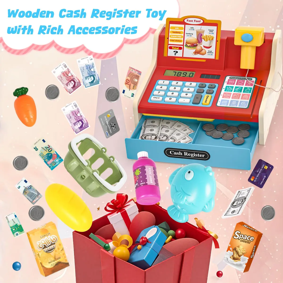 Maysida Wooden Toy Cash Register for Kids | Pretend Play Role-Playing Gift (8.7 x 8 x 4.7 inches) - view 3