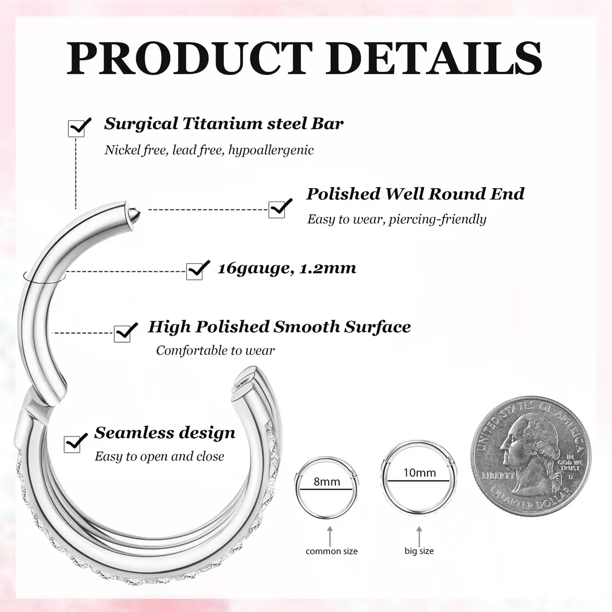 Qyalie Cartilage Helix Conch Piercing Jewelry 14K Gold Plated Stainless Steel | Double Hoop with Cubic Zirconia - view 2