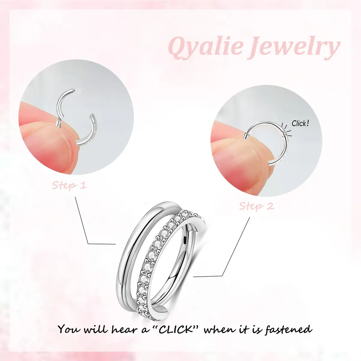 Qyalie Cartilage Helix Conch Piercing Jewelry 14K Gold Plated Stainless Steel | Double Hoop with Cubic Zirconia - view 3