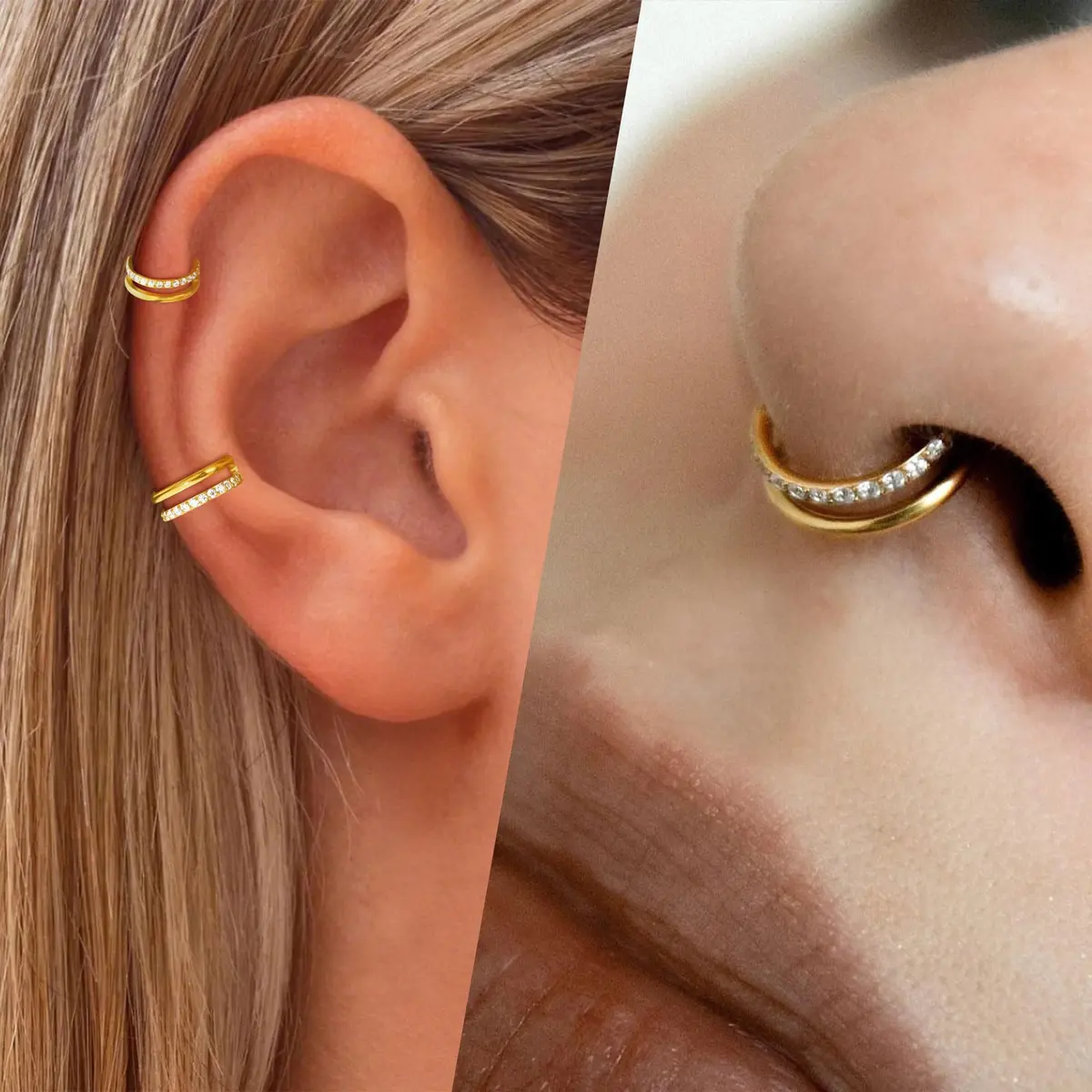 Qyalie Cartilage Helix Conch Piercing Jewelry 14K Gold Plated Stainless Steel | Double Hoop with Cubic Zirconia - view 7