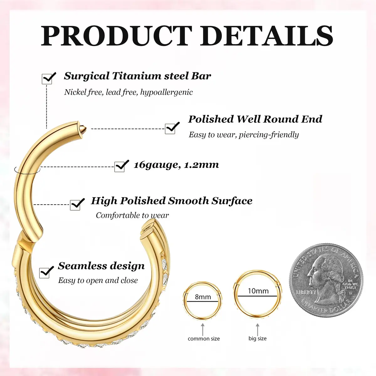 Qyalie Cartilage Helix Conch Piercing Jewelry 14K Gold Plated Stainless Steel | Double Hoop with Cubic Zirconia - view 2