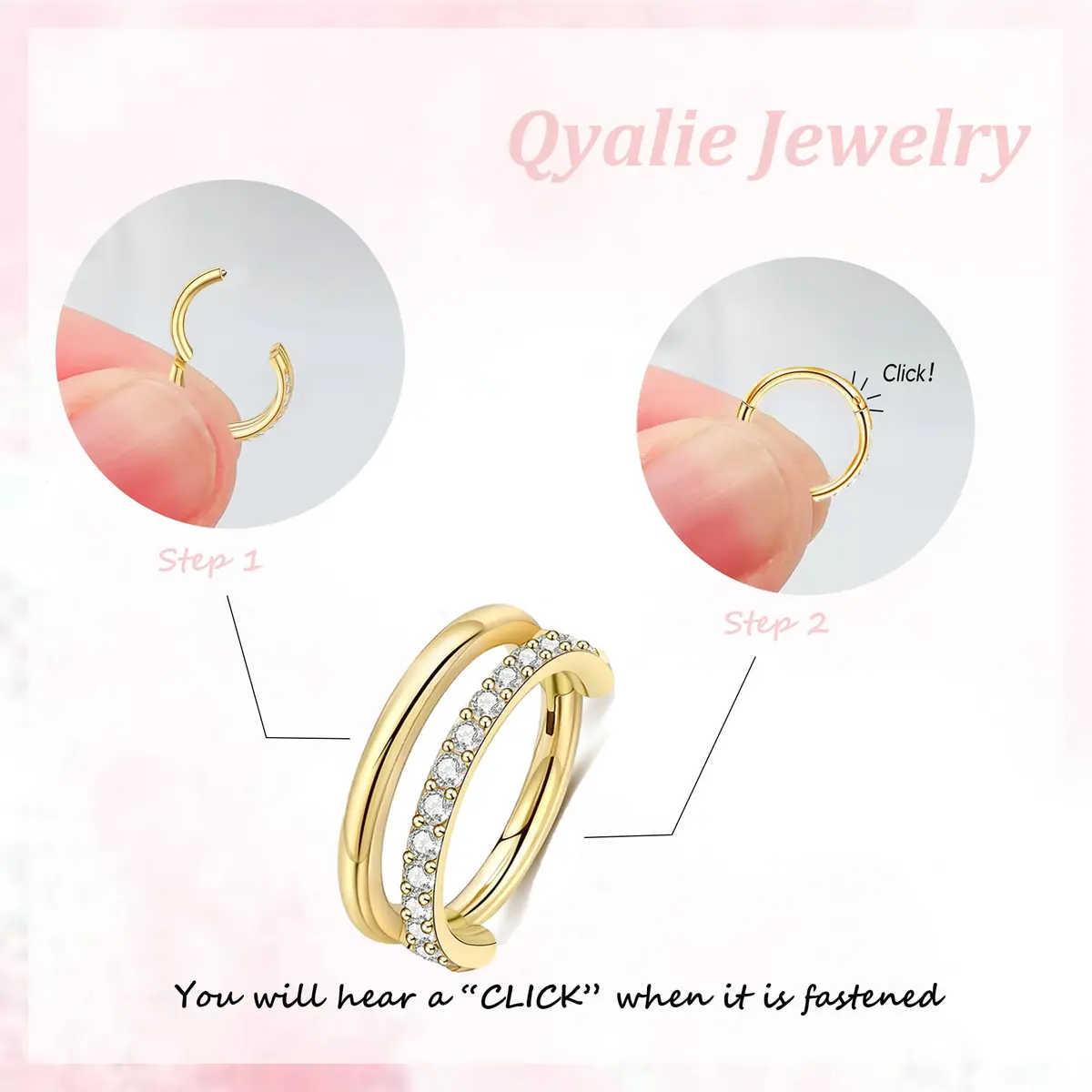 Qyalie Cartilage Helix Conch Piercing Jewelry 14K Gold Plated Stainless Steel | Double Hoop with Cubic Zirconia - view 3