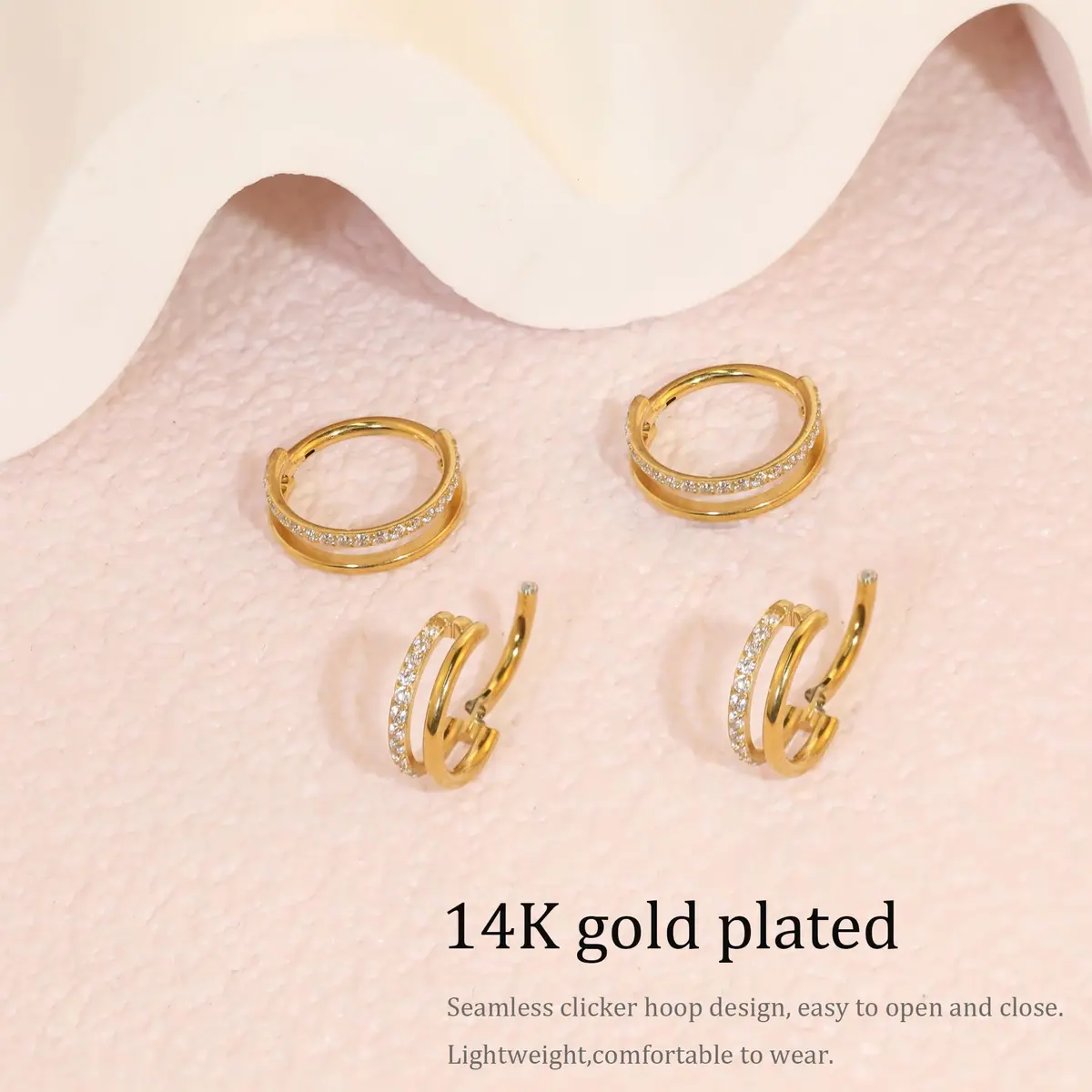Qyalie Cartilage Helix Conch Piercing Jewelry 14K Gold Plated Stainless Steel | Dainty Double Hoop Earrings for Women - view 4