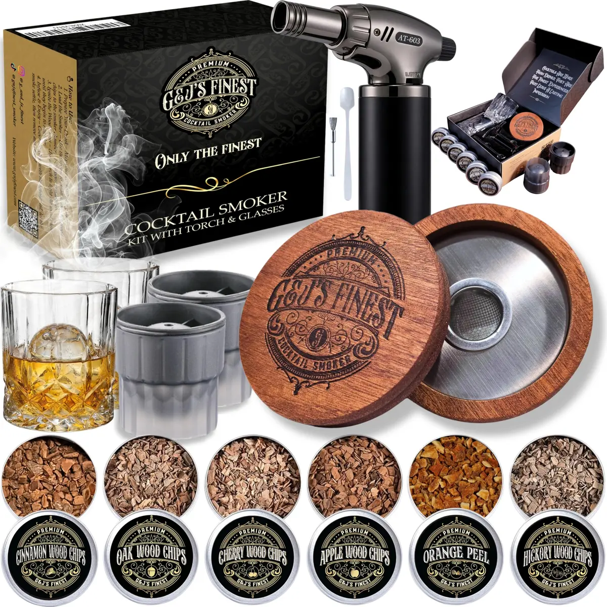 G & J's Finest Cocktail Smoker Kit with Torch, 6 Wood Chips & 2 Glasses | 4.5 inch - main product image