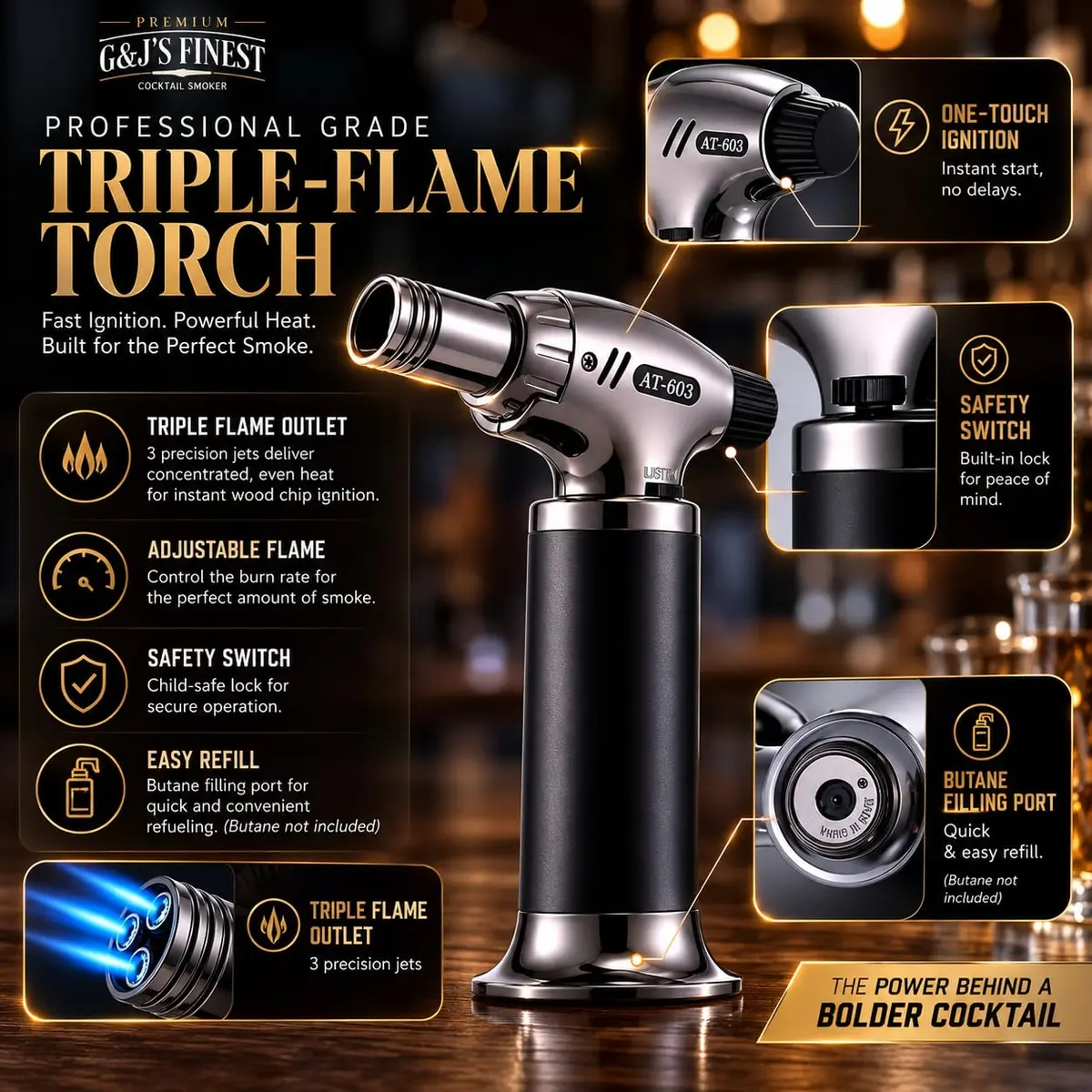 G & J's Finest Cocktail Smoker Kit with Torch, 6 Wood Chips & 2 Glasses | 4.5 inch - view 6