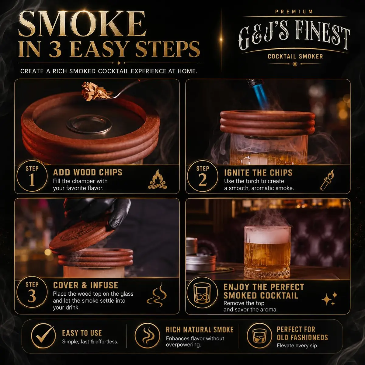 G & J's Finest Cocktail Smoker Kit with Torch, 6 Wood Chips & 2 Glasses | 4.5 inch - view 3
