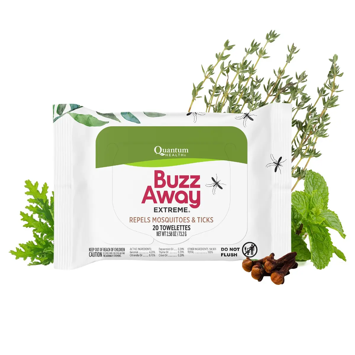 Quantum Buzz Away Extreme Mosquito & Tick Wipes | DEET-Free, 20 Count, Natural Essential Oils for Outdoor Protection - main product image