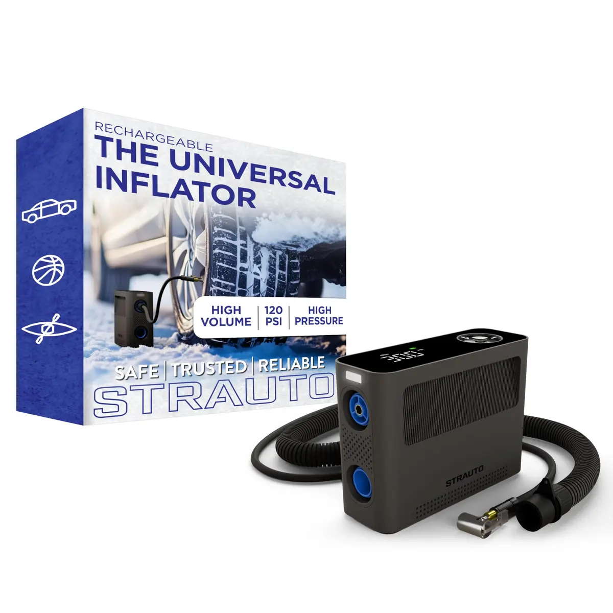 STRAUTO Universal Inflator Tire Inflator Air Compressor Paddle Board | Portable, 120 PSI, 7 Presets - main product image