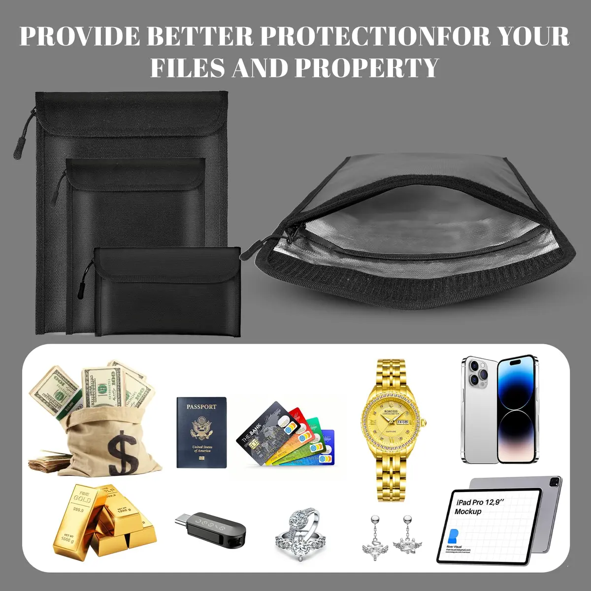 Lihengkong Fireproof Waterproof Document Bag 3-Pack Black | Extreme Fire & Waterproof Security for Valuables - view 6