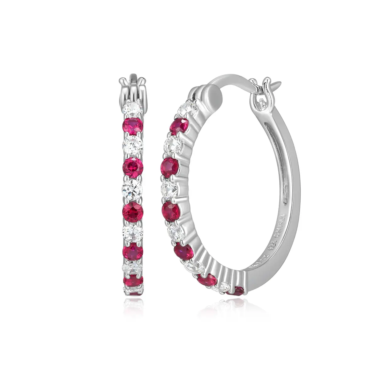 MORGAN & PAIGE .925 Sterling Silver Rhodium Plated Lab Created Ruby & Cubic Zirconia Hoop Earrings | Lightweight & Hypoallergenic (70-120 chars) - main product image
