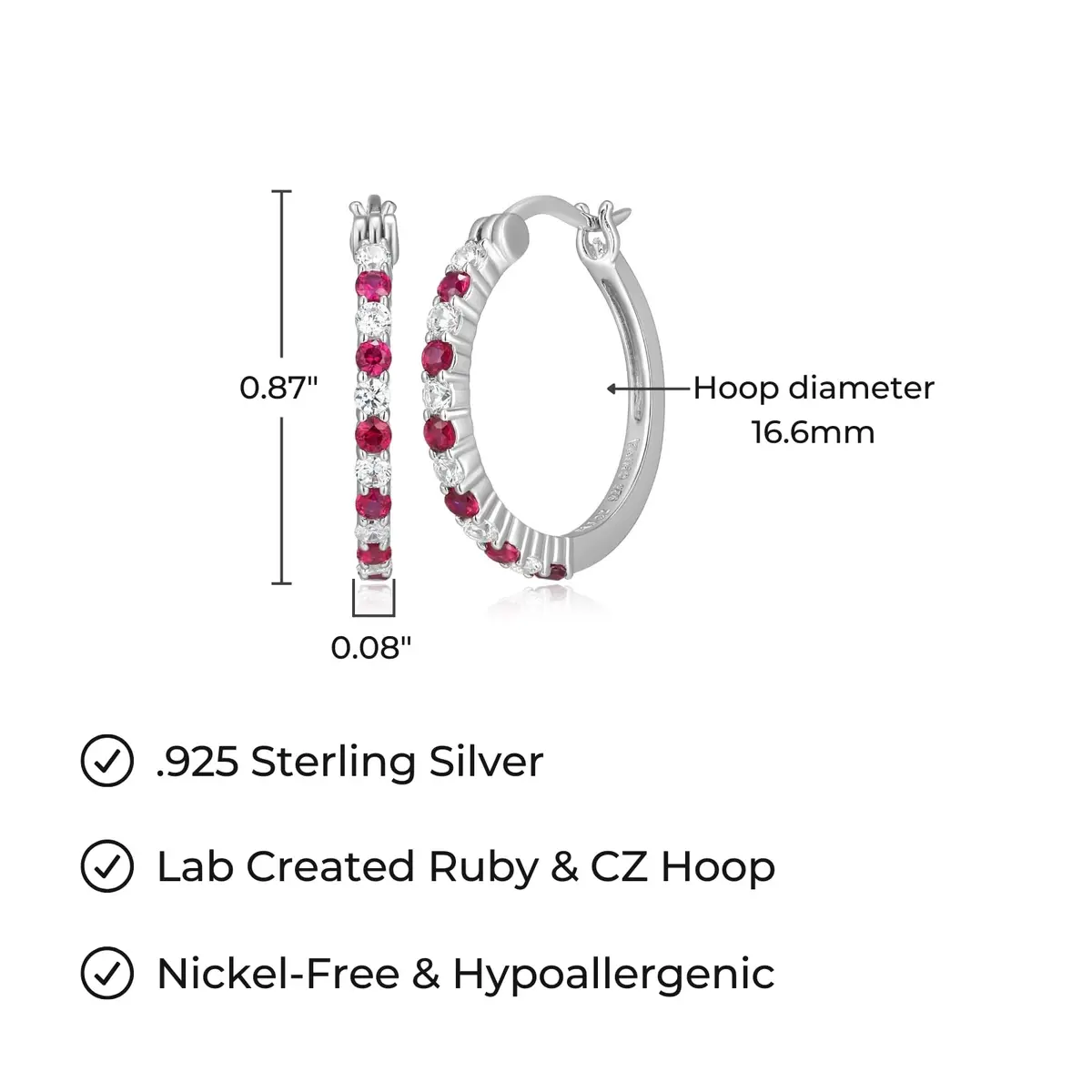MORGAN & PAIGE .925 Sterling Silver Rhodium Plated Lab Created Ruby & Cubic Zirconia Hoop Earrings | Lightweight & Hypoallergenic (70-120 chars) - view 2
