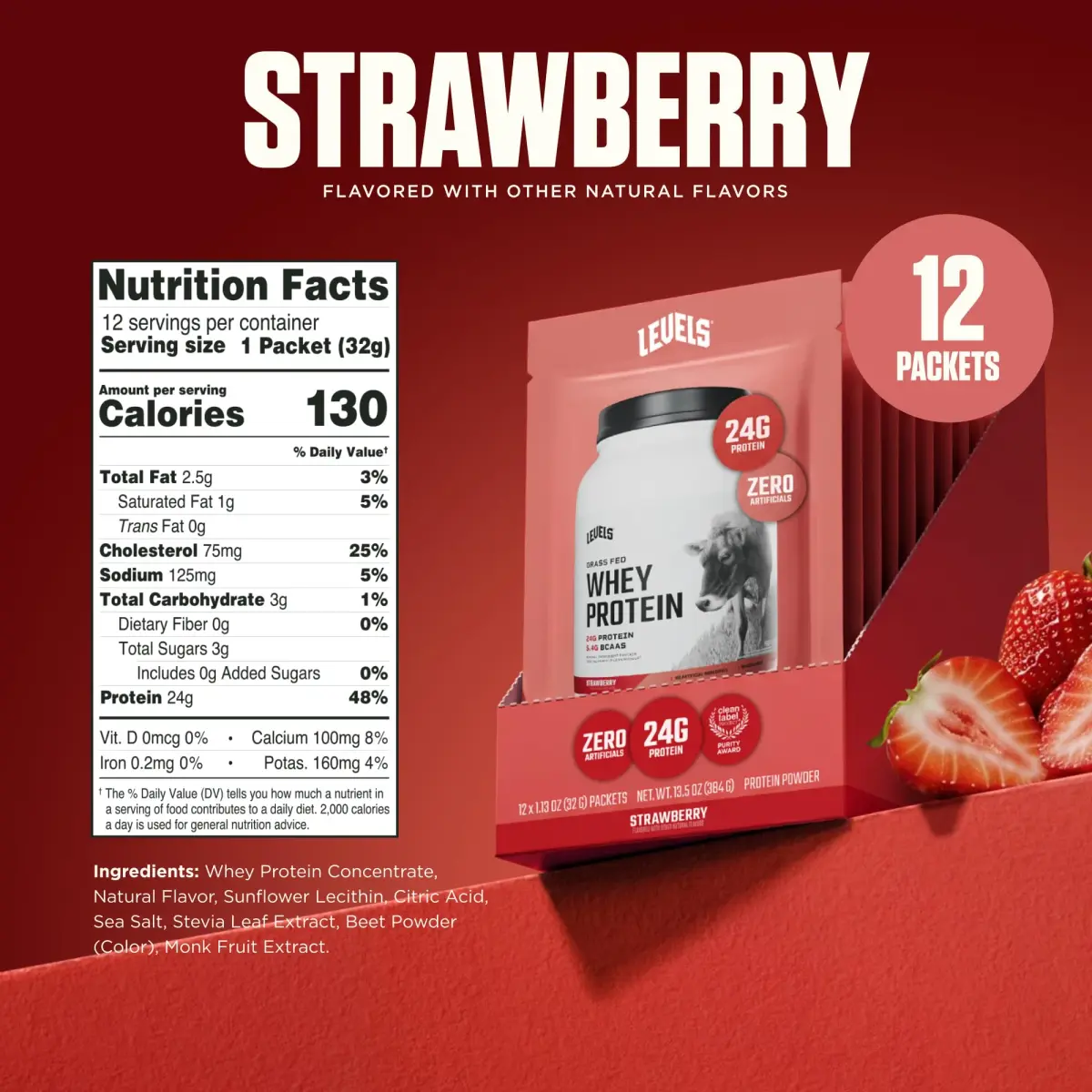 Levels Nutrition Strawberry Grass Fed Whey Protein Powder | 24g Protein, 5.4g BCAAs, No Artificials - view 3