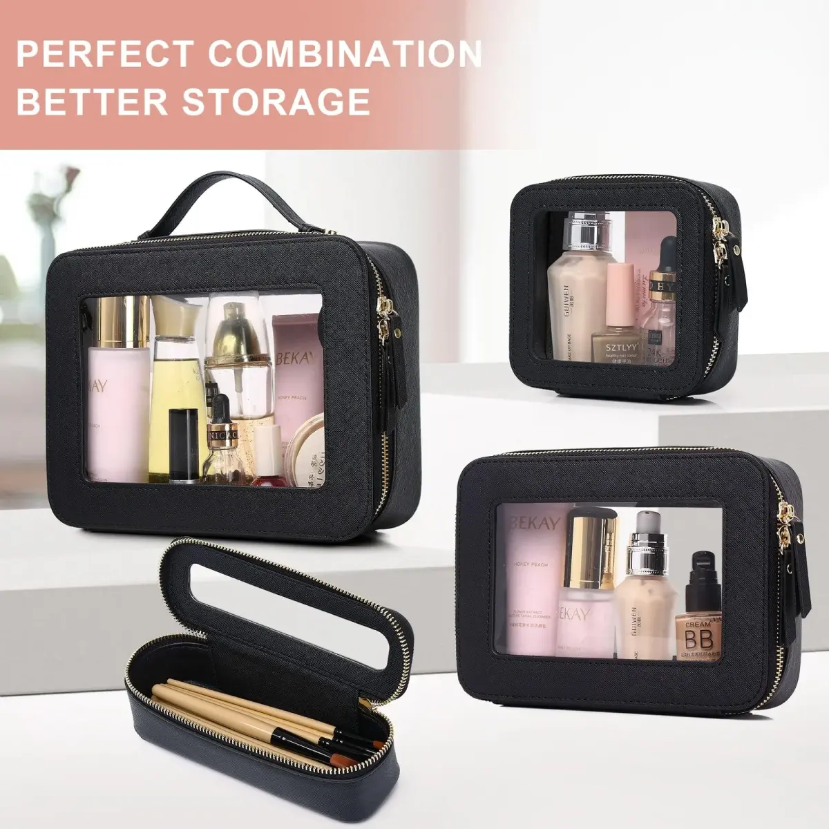 Pinkmik Travel Clear Makeup Bag Set (Black, M+SLIM) | TSA Approved Organizer with Waterproof Faux Leather - view 7