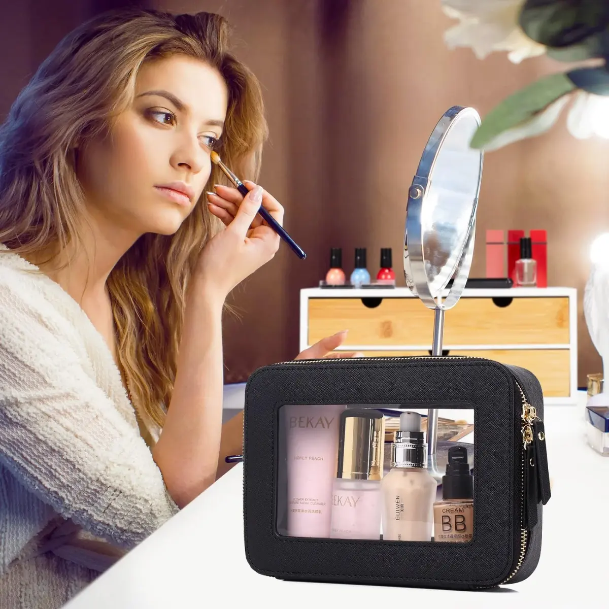 Pinkmik Travel Clear Makeup Bag Set (Black, M+SLIM) | TSA Approved Organizer with Waterproof Faux Leather - view 3