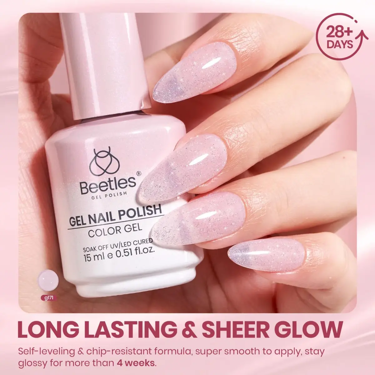 Beetles Nude Gel Nail Polish, Soft Glow Fragments 15ML (0.51 Fl Oz) | Shimmer Pink Jelly Gel - view 4