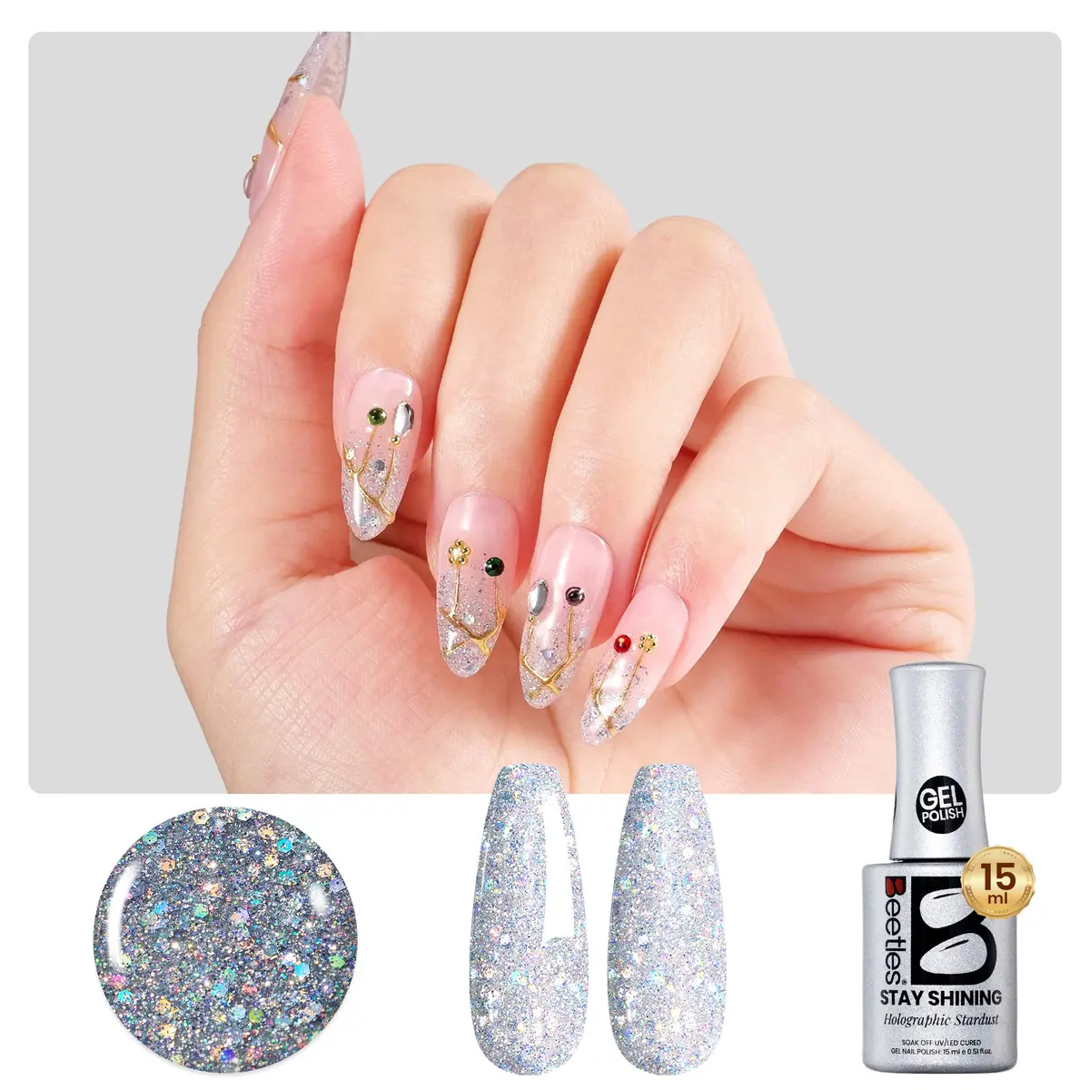 Beetles Glitter Gel Nail Polish, 0.51 fl oz (15ml) Diamond-Shine Holographic Stardust | UV/LED Cure - view 9