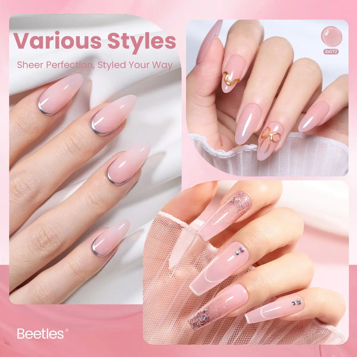 Beetles Gel Nail Polish Bare Petal Nude Jelly 15ml (0.51 Fl Oz) | 10-Free Formula for Long-Lasting Shine - view 4