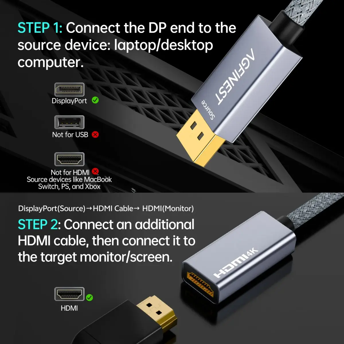 AGFINEST Active DisplayPort to HDMI Adapter 4K@60Hz (15.6 cm) | Stable Signal Conversion for PC, Laptop, Monitor, TV - view 5